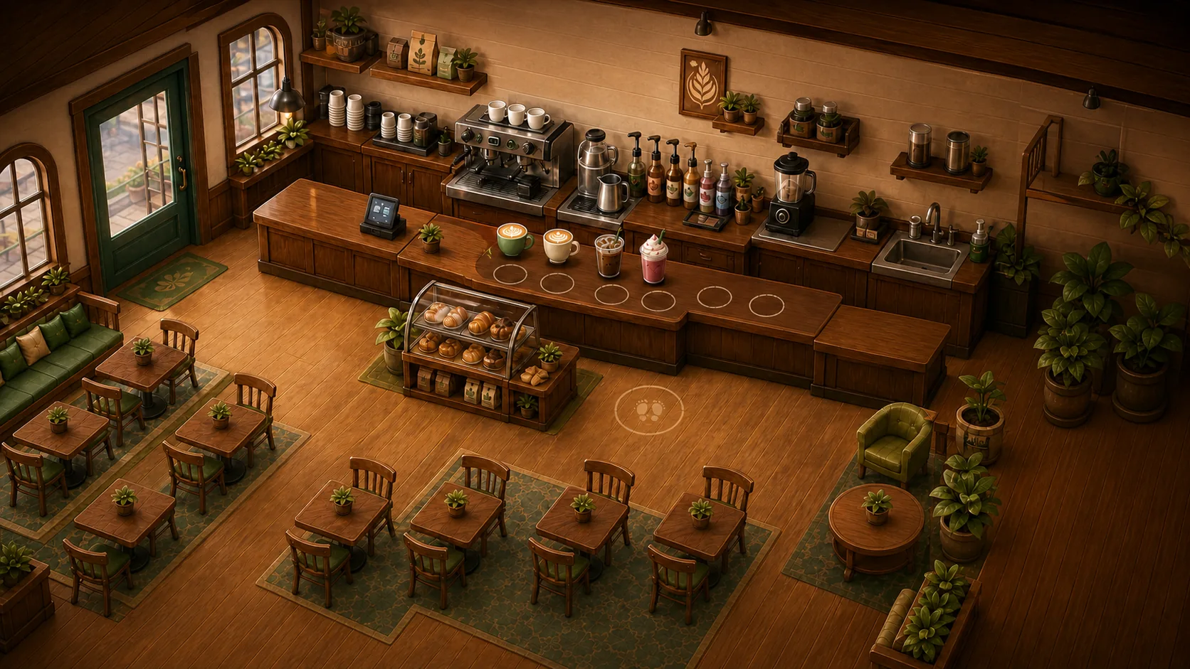 Empty isometric café environment with a long coffee production wall, open barista work lane, service counter, pastry display, and plentiful tables and chairs